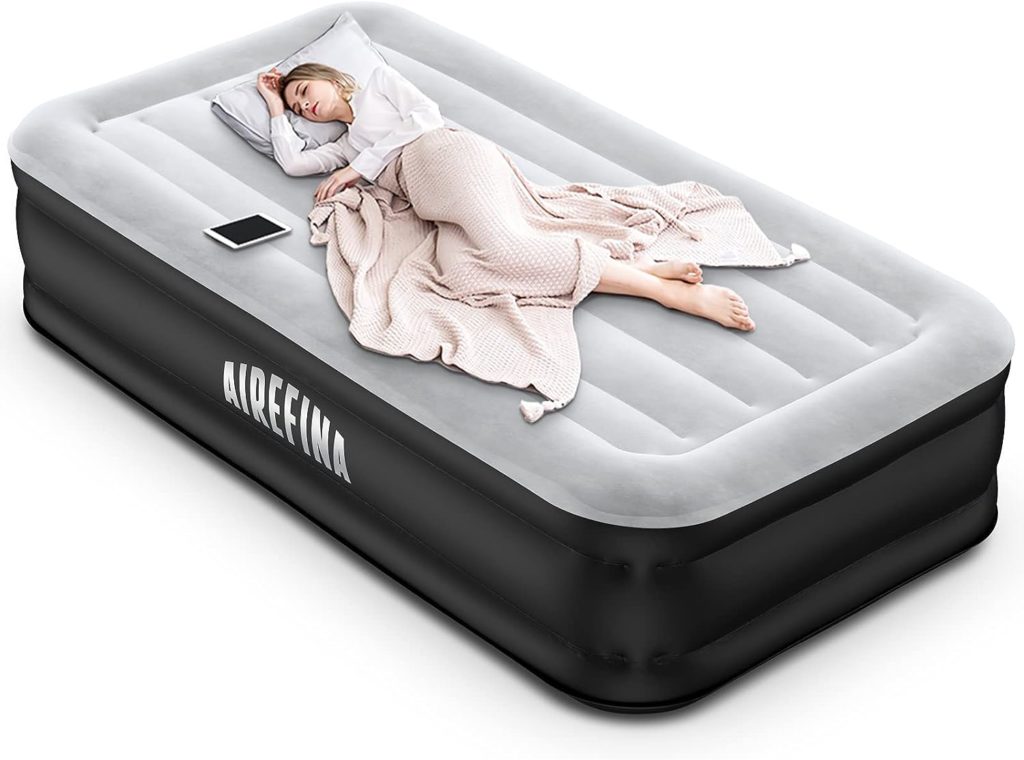 Airefina Twin Air Mattress with Built-in Pump, Inflatable Mattress in 2 Mins Self-Inflation/Deflation, Blow Up Mattress with Flocked Top for Home Guests, Portable Foldable, 75x39x18in, 550lb MAX