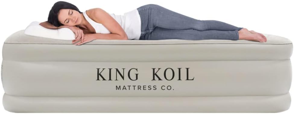 King Koil Luxury Queen Air Mattress with Built-in Pump for Home, Camping Guests - Queen Size Inflatable Airbed Luxury Double High Adjustable Blow Up Mattress, Durable Portable Waterproof